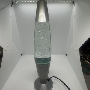 Vintage Blue Crystal Glitter Confetti Lava Lamp 16" Tall Silver Base